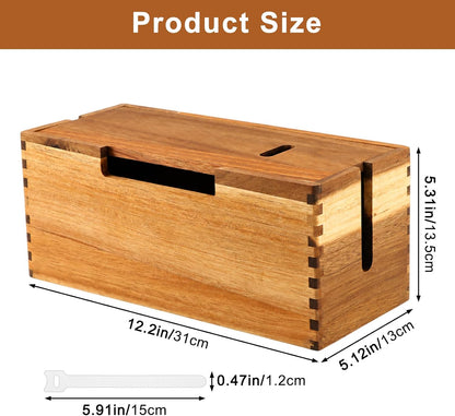 Acacia Wood Cable Management Box,Office Under Desk Cable Storage Box for Wire, Cord Hider Organizer for Power Strip, Electrical Hiding, TV Wires, Desk & Floor Cables
