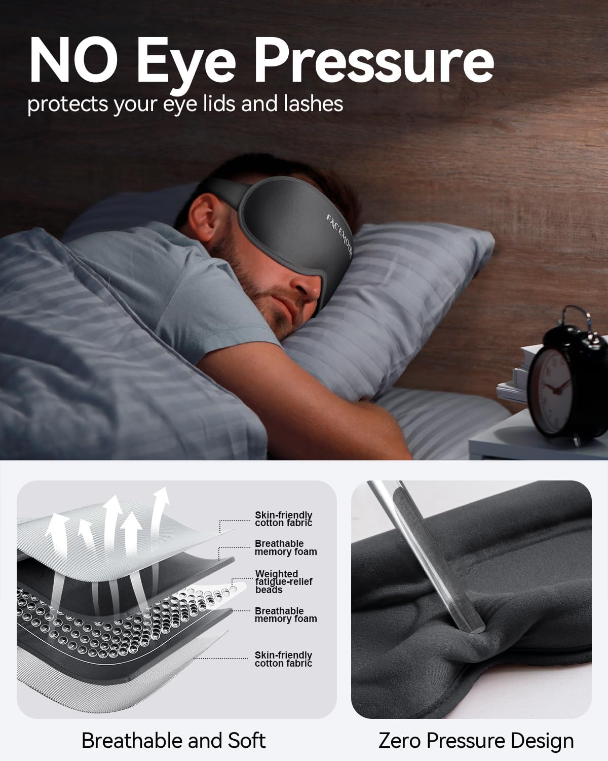 Blackout Weighted Eye Mask for Sleeping: 3D Contoured Gentle-Pressure Sleep Mask for Men & Women - Airplane Travel & Night Shift Essentials, Zero Eye Pressure, Breathable Blindfold, Black