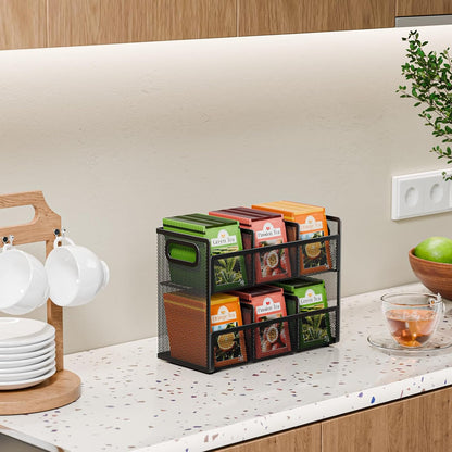 2 Tier Tea Bag Organizer, Mesh Tea Bag Holder with Handle, Teabag Holder, Tea Station Organizer for Countertop, Pantry, Kitchen, Cabinet -Black