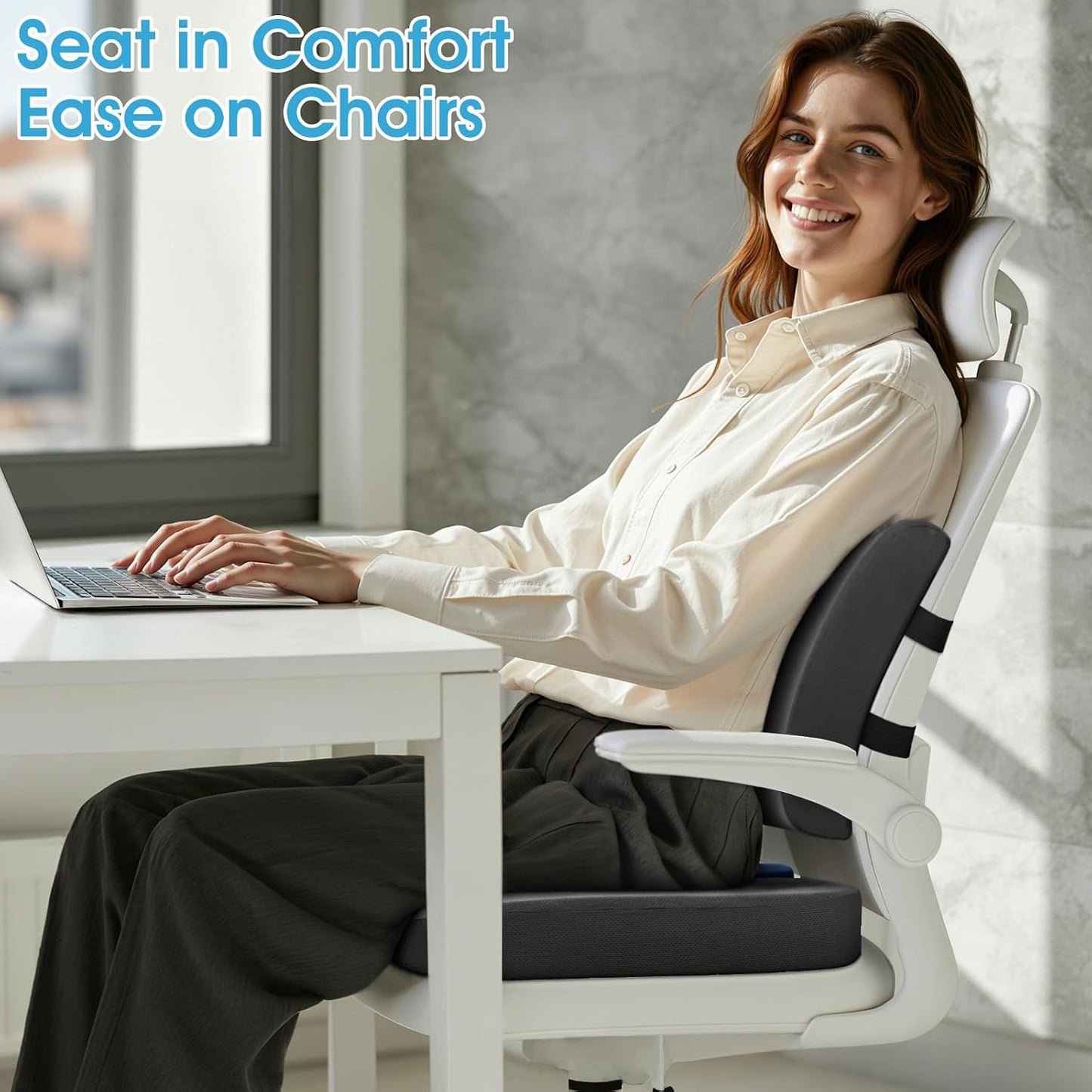 CushZone Ergonomic Seat Cushion & Lumbar Support Pillow - Memory Foam for Sciatica Pain Relief & Posture Correction, Non-Slip Chair Cushions for Office Chair/Car/Wheelchair/Travel (Black)