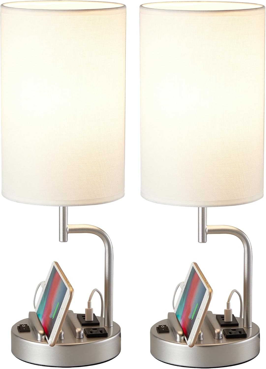 Dreamholder Table Lamp with 3 USB Charging Ports, Modern Desk Lamp with AC Outlet and Phone Stands, Perfect Bedside Lamp for Bedroom, Living Room, Office (Pack of 2), Cream