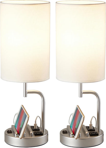 Dreamholder Table Lamp with 3 USB Charging Ports, Modern Desk Lamp with AC Outlet and Phone Stands, Perfect Bedside Lamp for Bedroom, Living Room, Office (Pack of 2), Cream