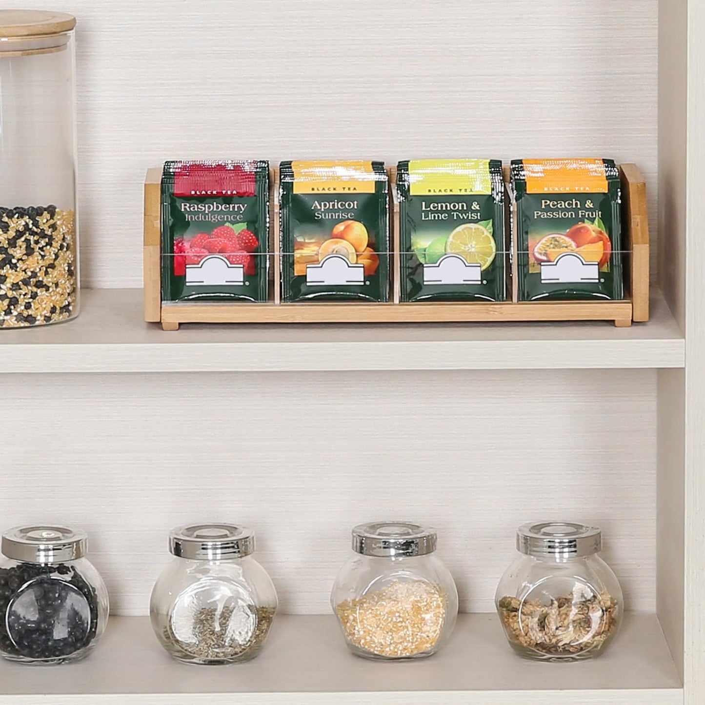 TIOPGHAD 2-Layer Stackable Bamboo Tea Bag Organizer Storage Holder & Rack - Wooden Tea Box Containers - Stand for Countertop or Cabinet
