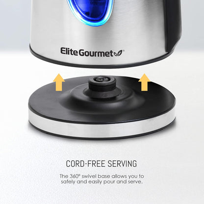 Elite Gourmet EKT5051 1.7L Electric Water Kettle, BPA-Free, Fast Boil, Auto Shut-Off, Boil-dry Protection, 360° Swivel Base with Cordless Serving, Clear-view Window with Water Level Markings, Black
