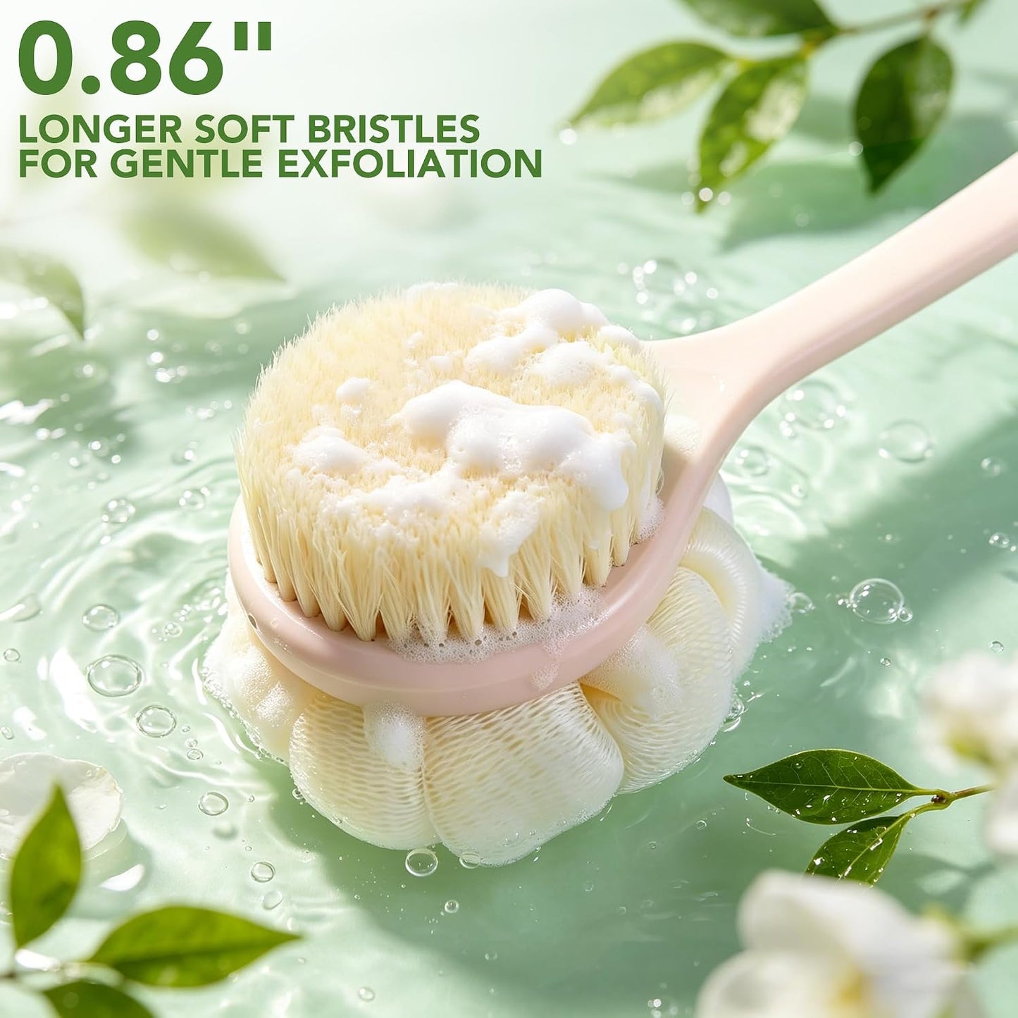 Back Scrubber for Shower, 15.7" Loofah with Handle, Back Shower Brush with Bristles and Loofah, Dry Brushing Body Brush for Cleanse Back and Hard to Reach Areas with Curved Long Handle