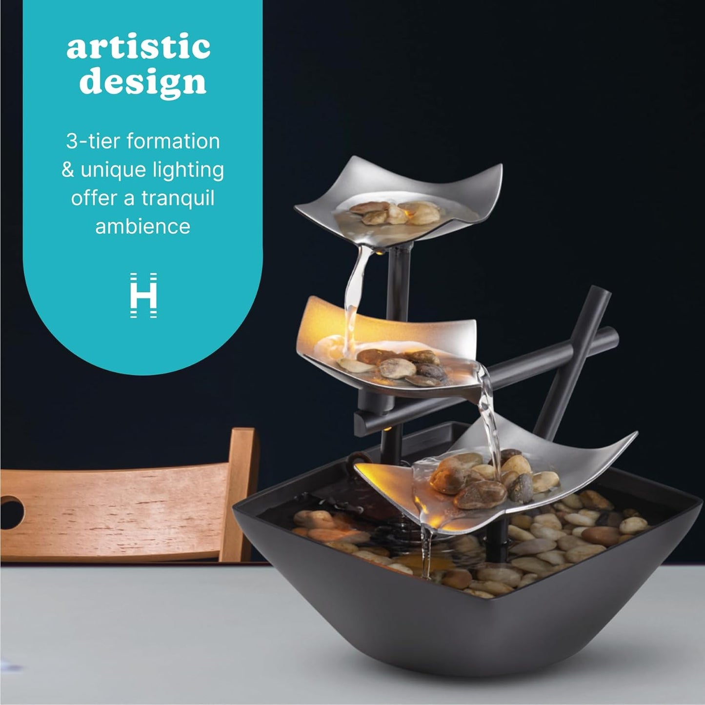 Homedics Tabletop Water Fountain, 3 Tier Indoor Waterfall Fountain with Natural River Rocks, Quiet Pump for Relaxation, Zen Home & Office Desk Décor, AA Battery Powered