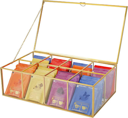REDHUGO Glass Tea Bag Organizer, 8-Compartment Tea Storage Box, Gold