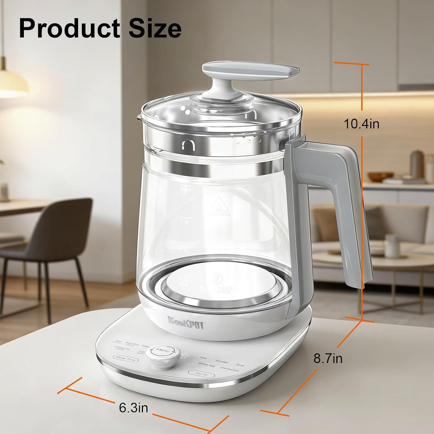Electric Kettle 1.5L Borosilicate Glass, 1200W Temperature Control Tea Kettle with Auto Shut-Off & Boil-Dry Protection, BPA-Free Stainless Steel Base, Fast Boil for Coffee & Keep Warm, White