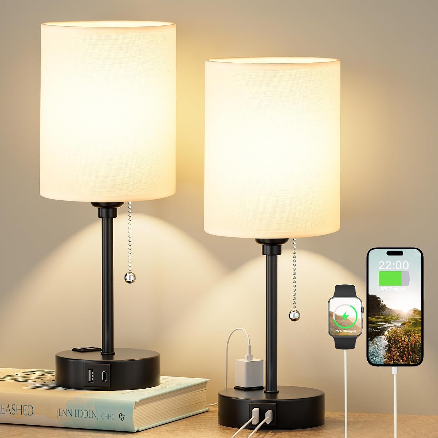 Small Bedside Table lamp for Bedroom - 3 Color Temperatures Bedside Lamps with USB C and A Ports, Pull Chain Table Lamps with AC Outlet, White Nightstand Lamps with Black Metal Base for Kids Reading