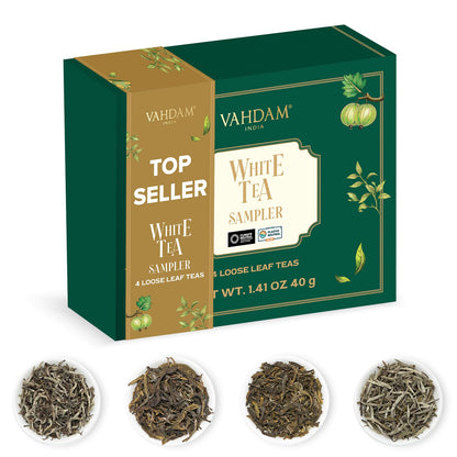 VAHDAM, Assorted White Tea Sampler Gift Set, Gluten Free, Non GMO - 4 Unblended White Loose Leaf Tea Sampler | Tea Variety Pack | Tea Gift Set, Gifts for Women & Men