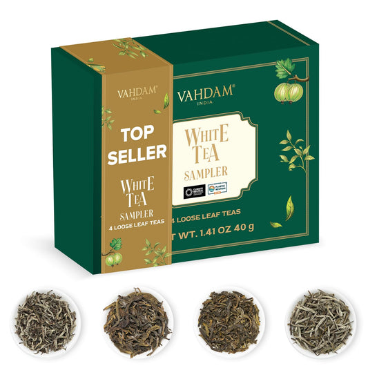 VAHDAM, Assorted White Tea Sampler Gift Set, Gluten Free, Non GMO - 4 Unblended White Loose Leaf Tea Sampler | Tea Variety Pack | Tea Gift Set, Gifts for Women & Men
