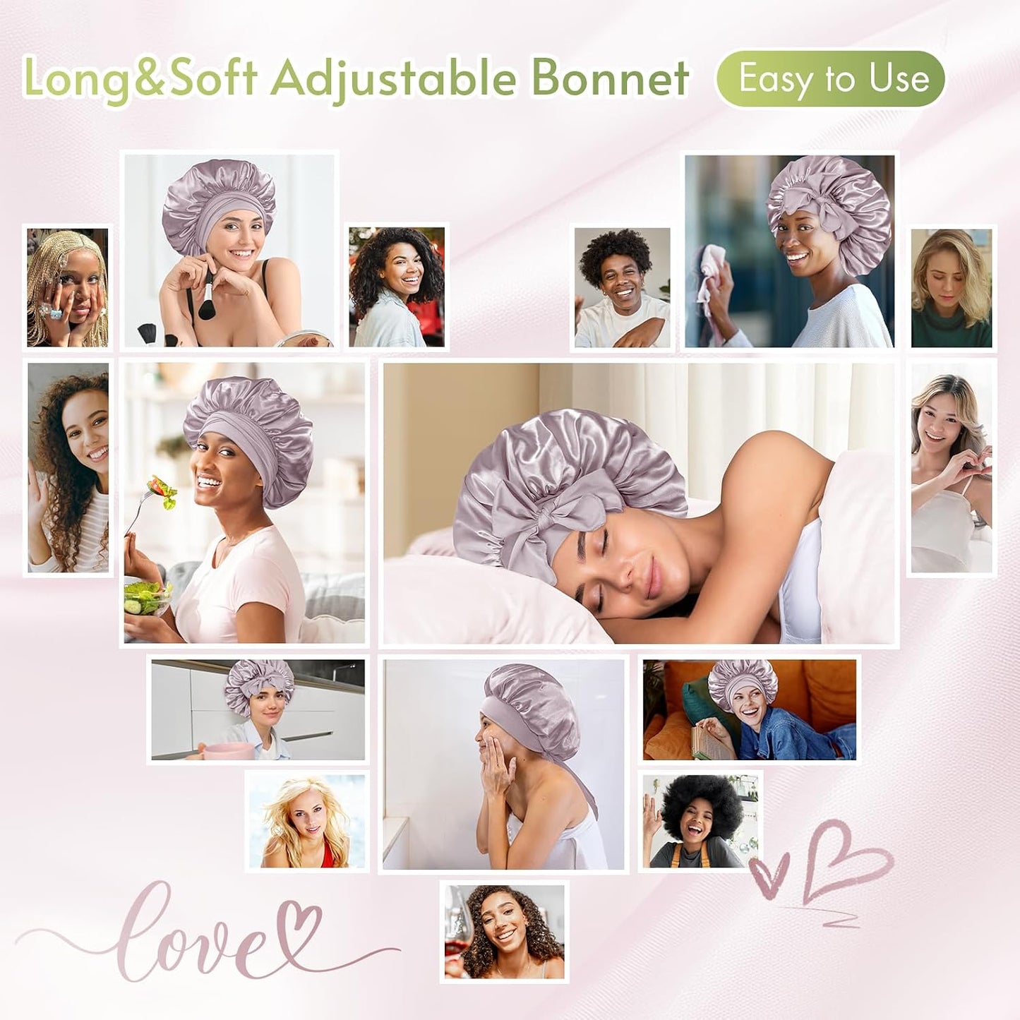 BONNET QUEEN Silk Bonnet for Sleeping for Women Satin Bonnet Night Cap for Curly Hair with Tie Band, Single Layer, Cream Pink