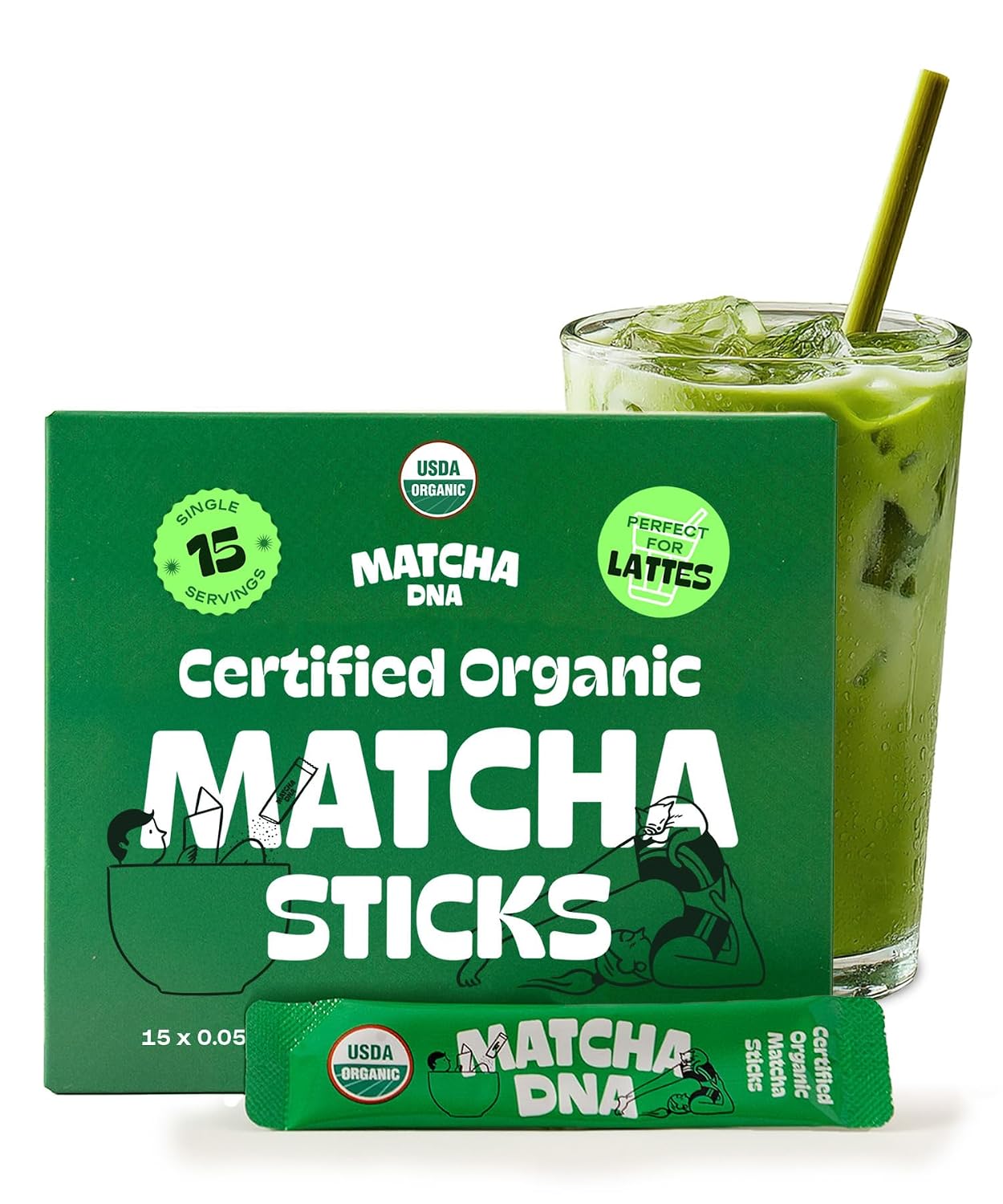 MatchaDNA Matcha Powder Sticks 7 Pack (20g Each) – Sweetened with Milk, No Sugar Added – Organic Matcha Powder Green Tea Latte Mix for Hot or Iced Drinks – Organic Macha Tea, Smooth Energy Boost