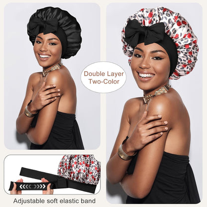 Satin Bonnet for Sleeping Cap Double Layer Hair Bonnet with Elastic Tie Band for Curly Hair Night Cap (Bean Paste + Pink)