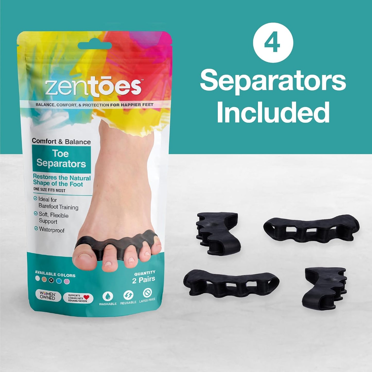 ZenToes Silicone Toe Spacers and Separators for Correct Toe Alignment, Bunion Relief, Hammertoe Straightener, Gel Orthopedic Corrector – 1 Pair (Black)