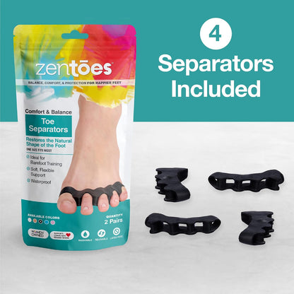 ZenToes Silicone Toe Spacers and Separators for Correct Toe Alignment, Bunion Relief, Hammertoe Straightener, Gel Orthopedic Corrector – 1 Pair (Black)