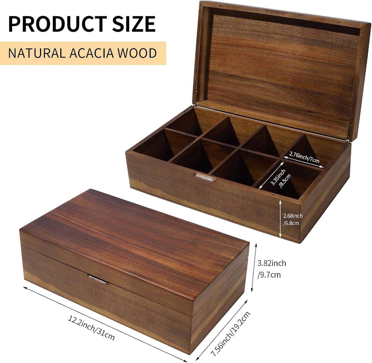 Acacia Wooden Tea Bag Organizer with Magnetic Lid, 8 Adjustable Compartments Wooden Tea Box for Tea Bags, Countertop Storage Holder