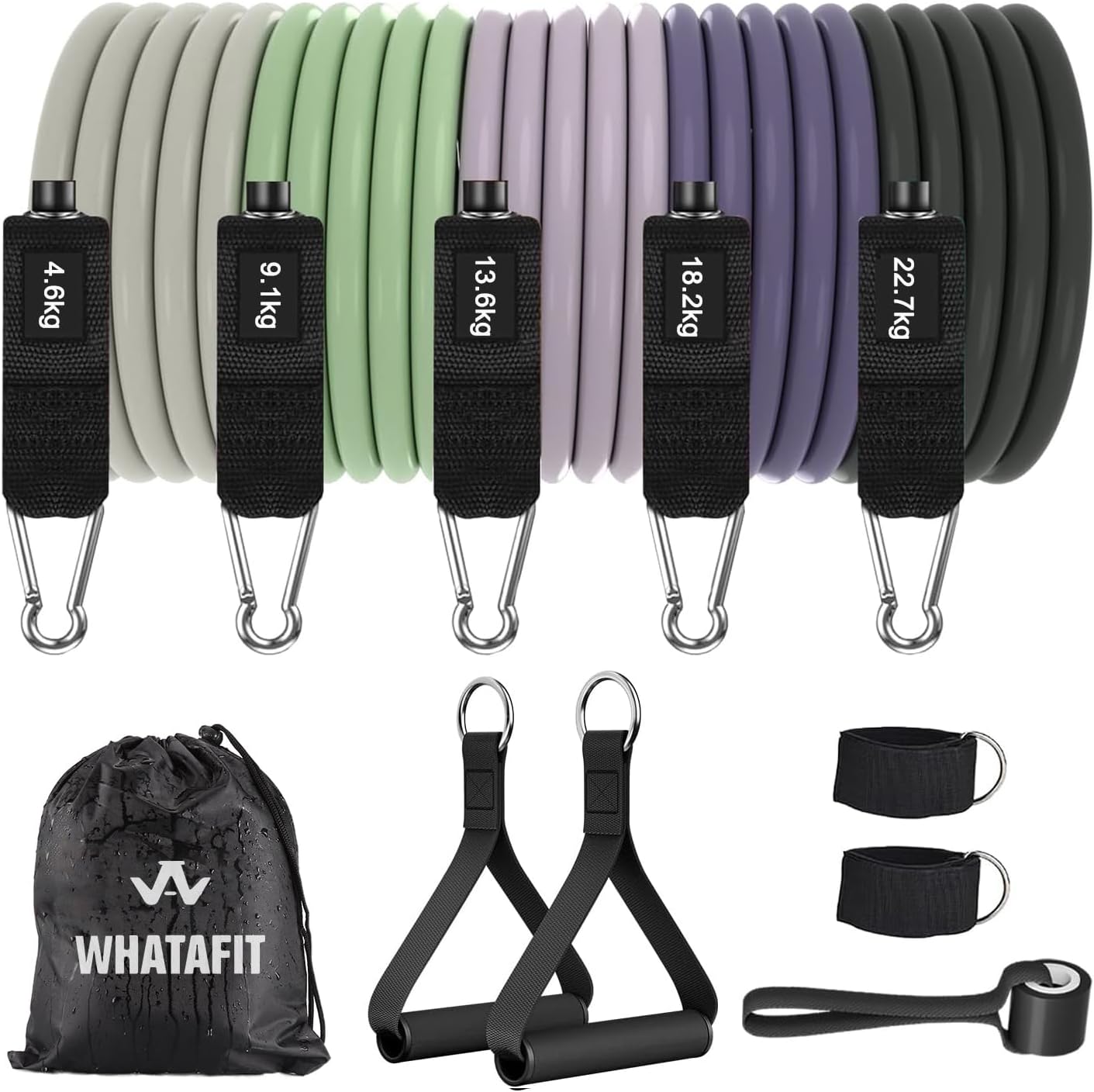 WHATAFIT Resistance Bands, Exercise Bands, Workout Bands with Handles, Door Anchor and Ankle Straps, 5 Resistance Levels Fitness Bands for Strength Training, Physical Therapy, and Home Gym Equipment
