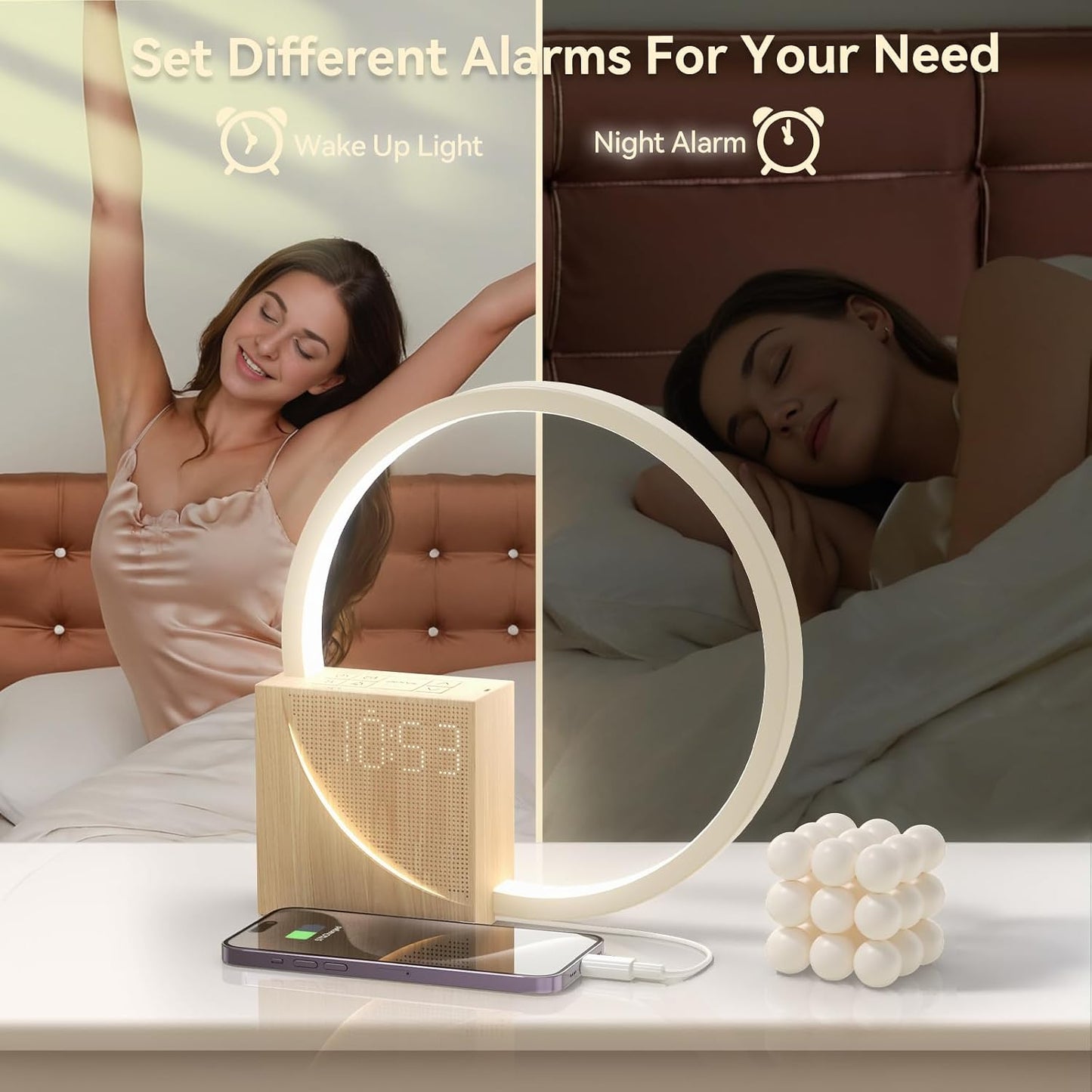 Vivilumens Sunrise Alarm Clock Sound Machine Nightlight, Gradual Wake Up Light, Digital Dimmable Clock, 10 White Noise Sleep Sounds, Snooze, Dual Clocks for Heavy Sleeper Adult, Decor Gifts for Women