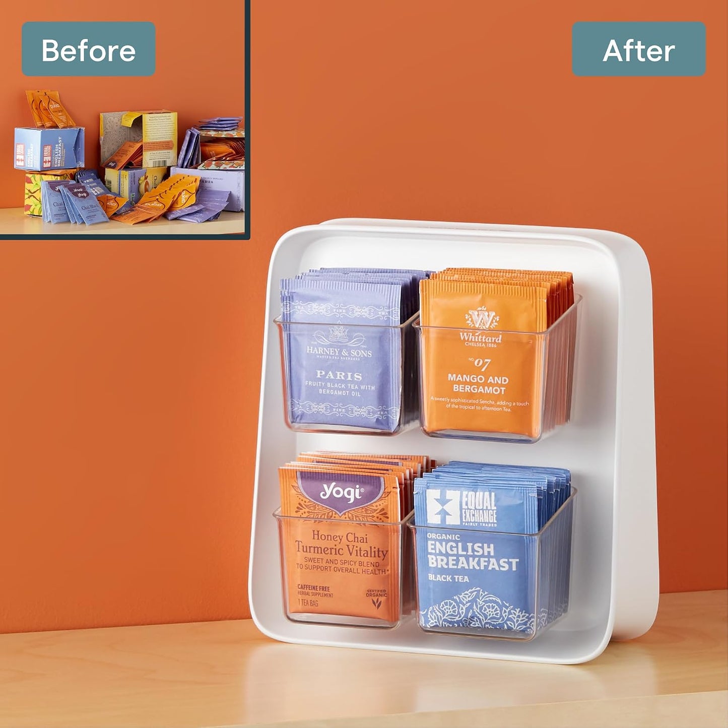 YouCopia TeaStand Tea Bag Organizer with Clear Removable Bins, Cabinet or Pantry Storage Caddy, 80-Bag