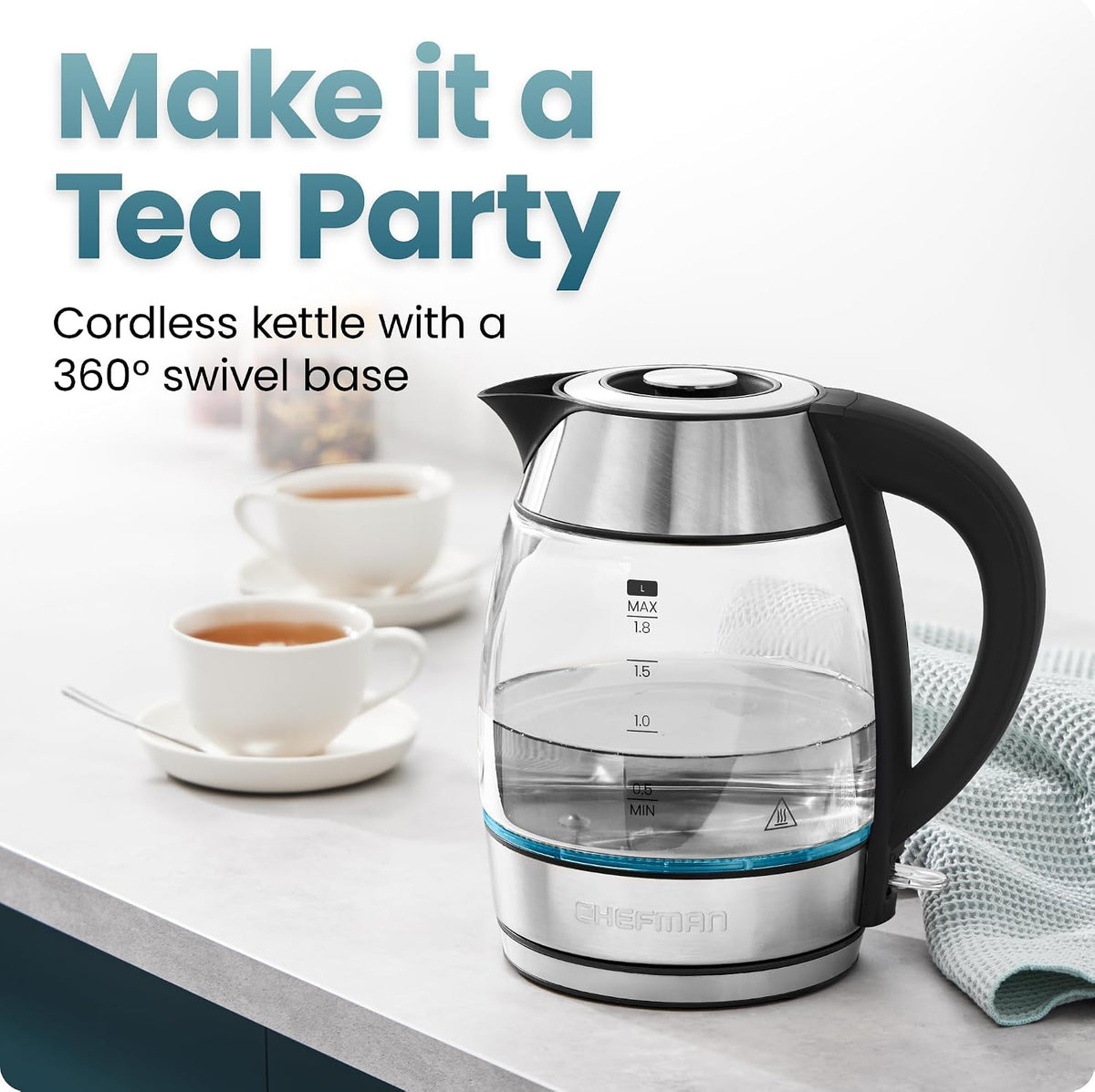 Chefman Electric Kettle, 1.8L 1500W, Hot Water Boiler, Removable Lid for Easy Cleaning, Auto Shut Off, Boil-Dry Protection, Stainless Steel Filter, BPA Free, Borosilicate Glass Electric Tea Kettle
