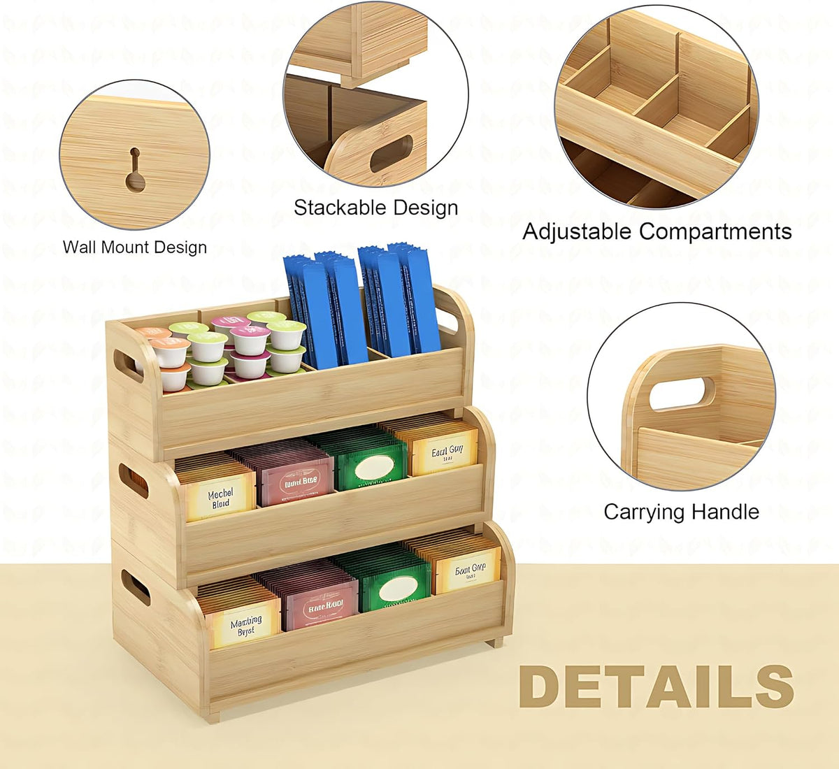 3-Tier Bamboo Tea Bag Organizer, Stackable Tea Holder for Countertop, Black