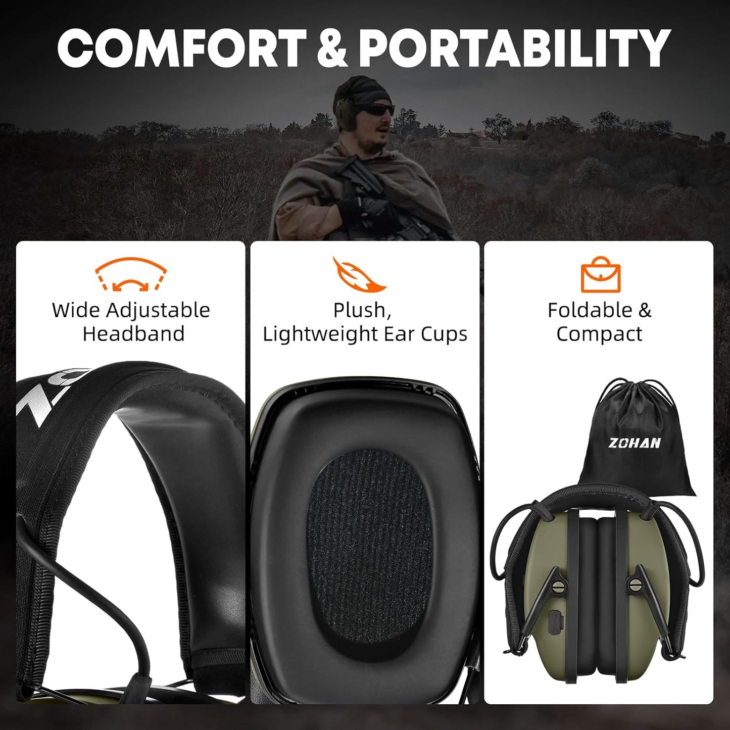 ZOHAN 035 Bluetooth 6.0 Shooting Ear Protection Earmuff, Active Noise Canceling, Hearing Protection with Sound Amplification (Green Bluetooth)