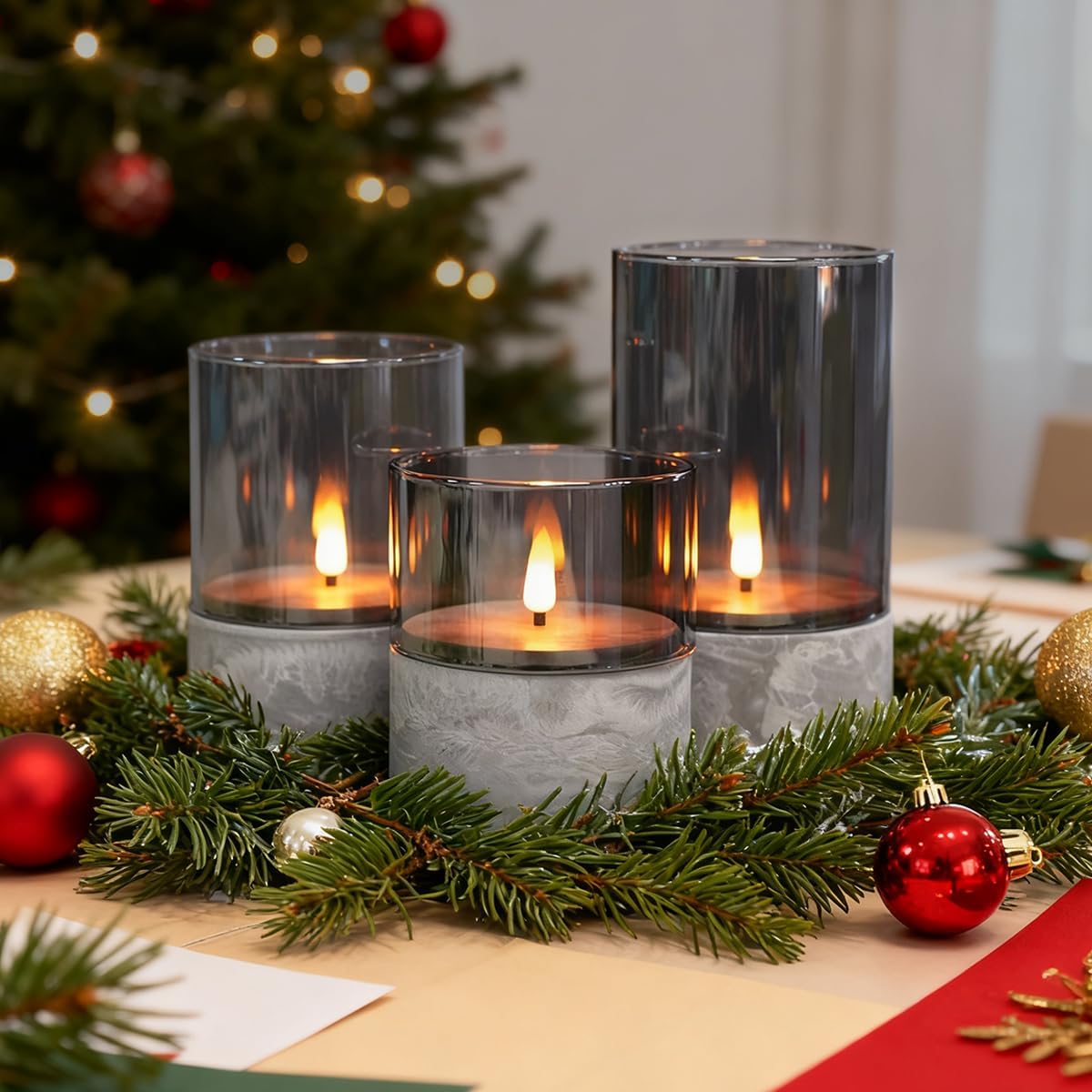 LEDHOLYT Rechargeable Flameless Glass Pillar Candles–Gifts for Women,–Set of 3, Realistic Flickering LED Flame,Remote & Timer, Ideal for Living Room, Bedroom & Halloween Festival Home Party Decor