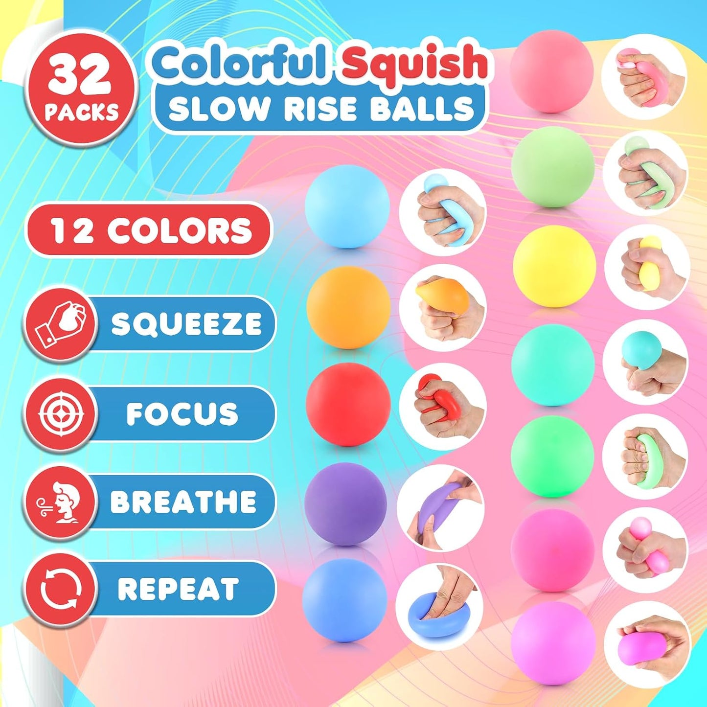 Slow Rising Stress Ball 24 Pack, Stretchy Fidget Ball for Anxiety Stress Relief, Hand Therapy Sensory Squishy Ball, Pull Stretch Fidget Toy for Students, Classroom Prize Box Toys