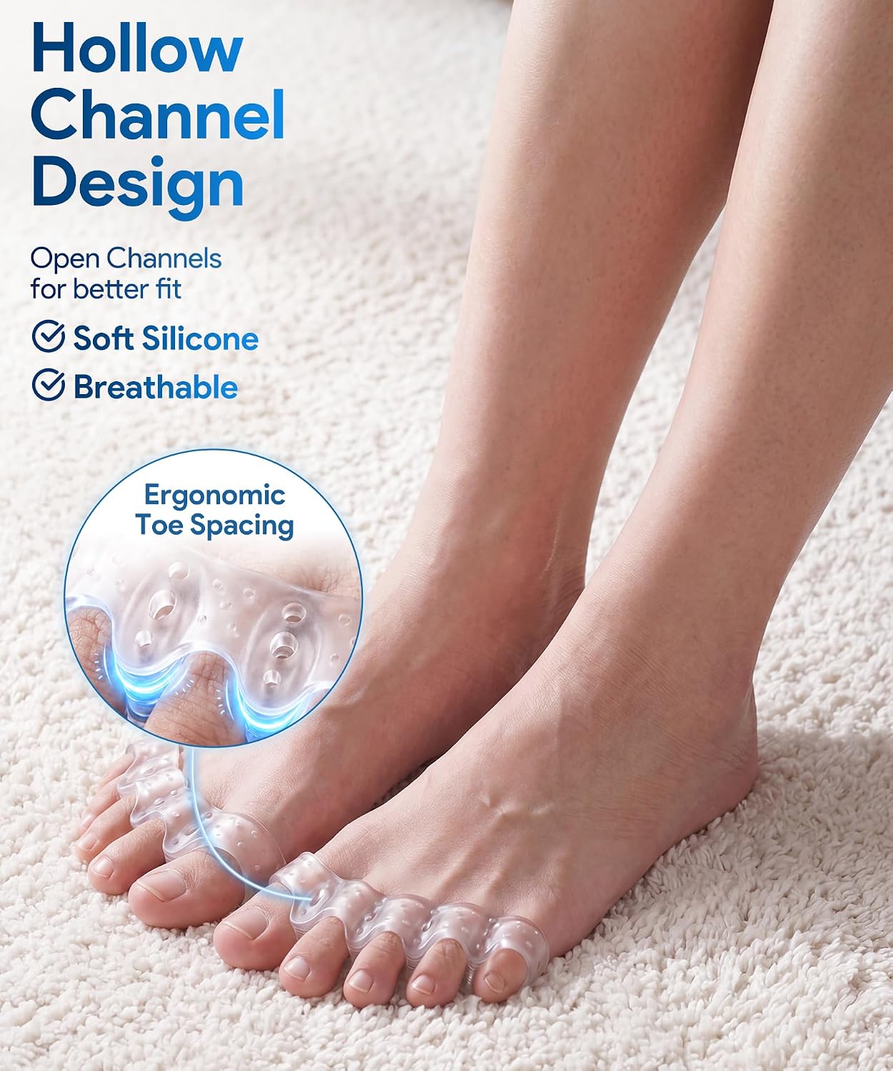 Toe Spacers for Women and Men, Silicone Toe Separators with Breathable Airflow Channels, Soft Washable Reusable Design for Daily Use, Stretching and Comfort, 1 Pair