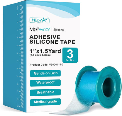 MedVance Silicone Tape Medical, Perforated Surgical Tape Sensitive Skin, Waterproof Tape for Skin, Medical Tape for Wound Care, Eyelash Tape, Gentle Skin Tape, 1" Width (1 Pack, 180 Inches)
