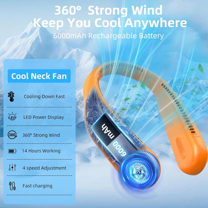 Portable Neck Fan, Personal Wearable Bladeless Fan, 6000mAh USB Rechargeable, 360° Airflow, LED Display, 4-Speeds, Hands Free Fan for Outdoor Indoor, Birthday Gifts for Men Women Dad Mom (Black)
