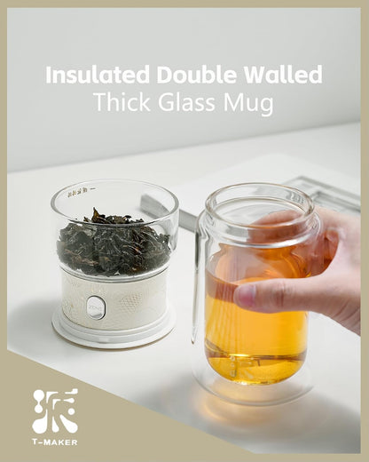 ZENS Modern Glass Infuser Teapot, One Touch Tea Maker for Loose Leaf Tea with Insulated Mug and Portable Case. Enchanted Pot Alternatives for Tea Lover Gifts