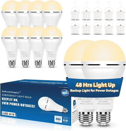 BoRccdit KeepLit 8 Pack Emergency Rechargeable Light Bulbs, 48H Long Lasting & 3 Brightness Power Outage Lights,12W 5000K Battery Backup Emergency Light Bulbs for Home Power Failure Hurricane
