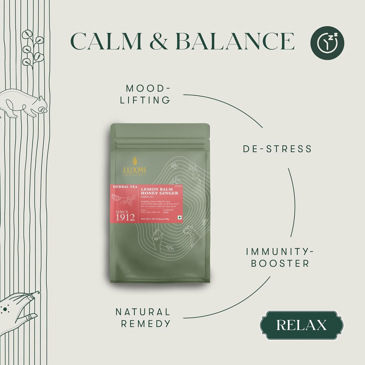Luxmi Estates Lemon Balm Honey Ginger Herbal Tea | 50 Pyramid Tea Bags (100g, 3.5oz), Caffeine-Free Calming Blend with Lemon Balm, Ginger, Lemongrass, Lemon Peel, & Natural Honey Flavor, Vegan