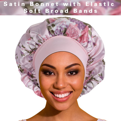 ROYBENS Satin Bonnet Hair Bonnet for Sleeping- 4 Pack Large Bonnets for Women with Elastic Soft Band for Curly Hair Braids