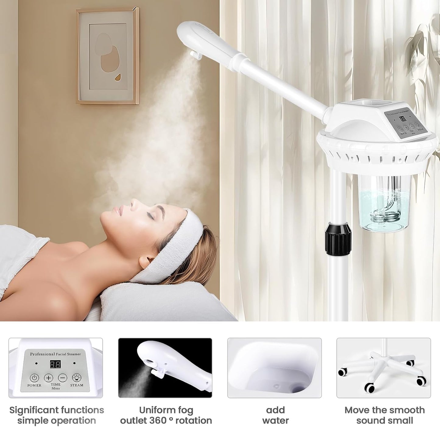 Retain time Facial Steamer, Face Steamer on on Wheels with More Steam, Adjustable Height for Face Steamer Suitable for Personal Home and Professional Personal Care Places，Moisturizing and Hydrating.