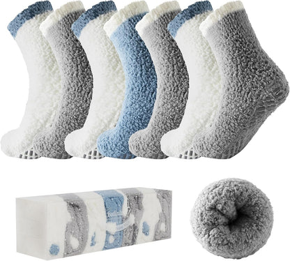 Bulinlulu Fuzzy Socks with Grips Plush Sleep Cozy Winter Soft Hospital Fluffy Socks for Womens Mens Gifts