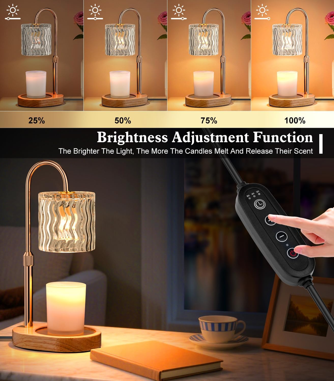 Candle Warmer Lamp Electric Timer: Dimmable Candles Warming Lamps - Height Adjustable Burner Jar - No Flame Scented Melts Wax - All Candle Jars Home Decor Table Light