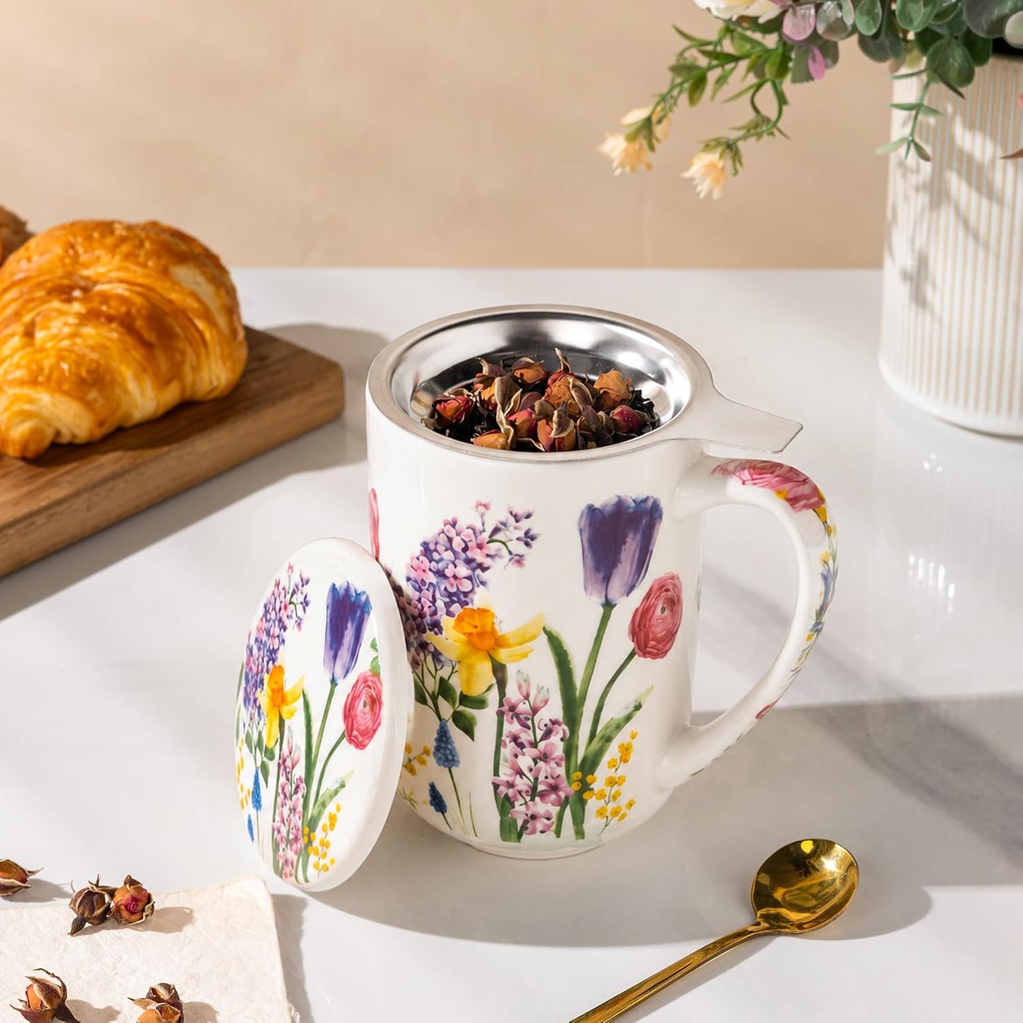 GBhome Tea Mug with Infuser and Lid, 18 Ounce Large Ceramic Loose Leaf Cup, Microwave, Dishwasher Safe, Perfect for Tea Lovers