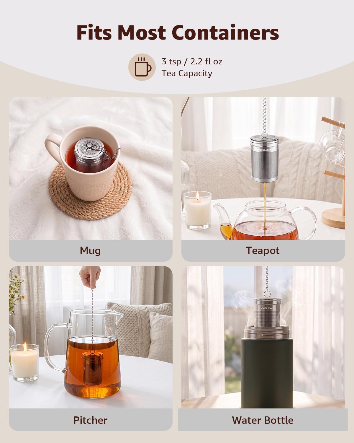 HOUSE AGAIN Tea Infuser, Extra Fine Mesh Tea Infusers for Loose Tea, 18/8 Stainless Steel Tea Strainer with Extended Chain Hook, Tea Steeper for Brew Tea, Spices & Seasonings Small × 2