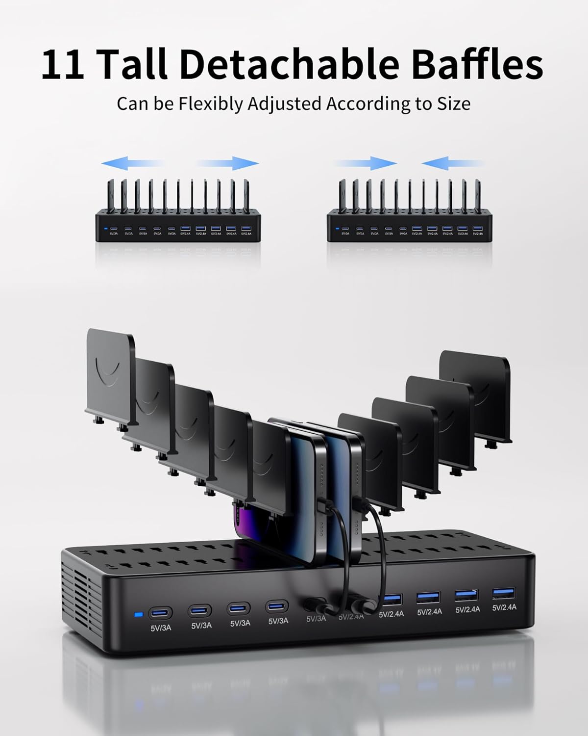 100W Charging Station for Multiple Devices, 10-Port USB Fast Charger, Black
