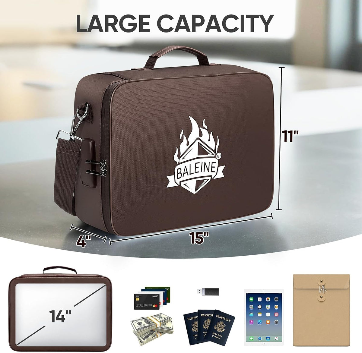 BALEINE Fireproof Document Box with Lock, Waterproof Fire Safe File Bag