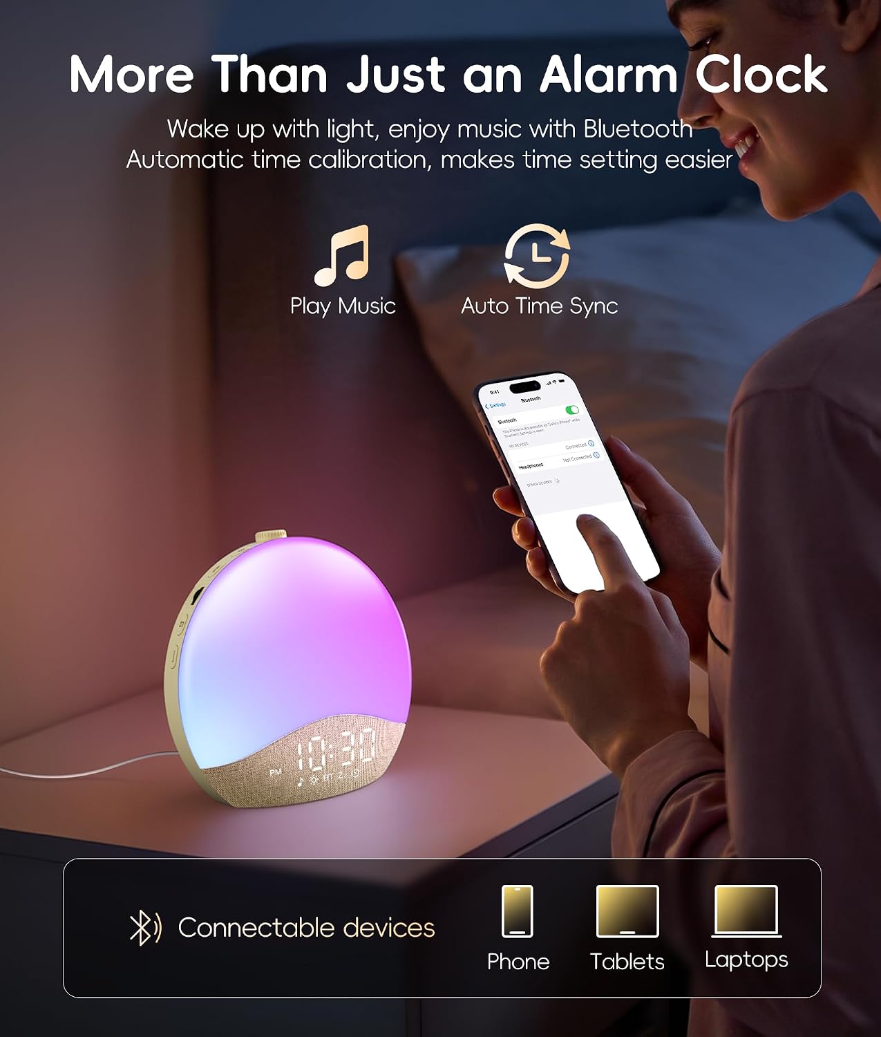 ecozy Sunrise Alarm Clock, White Noise Sound Machine, Alarm Clock for Bedrooms, 26 Soothing Sounds, 17 Night Lights, Bluetooth Speaker, Sunrise Wake-Up Light for Heavy Sleepers, Adults, Kids