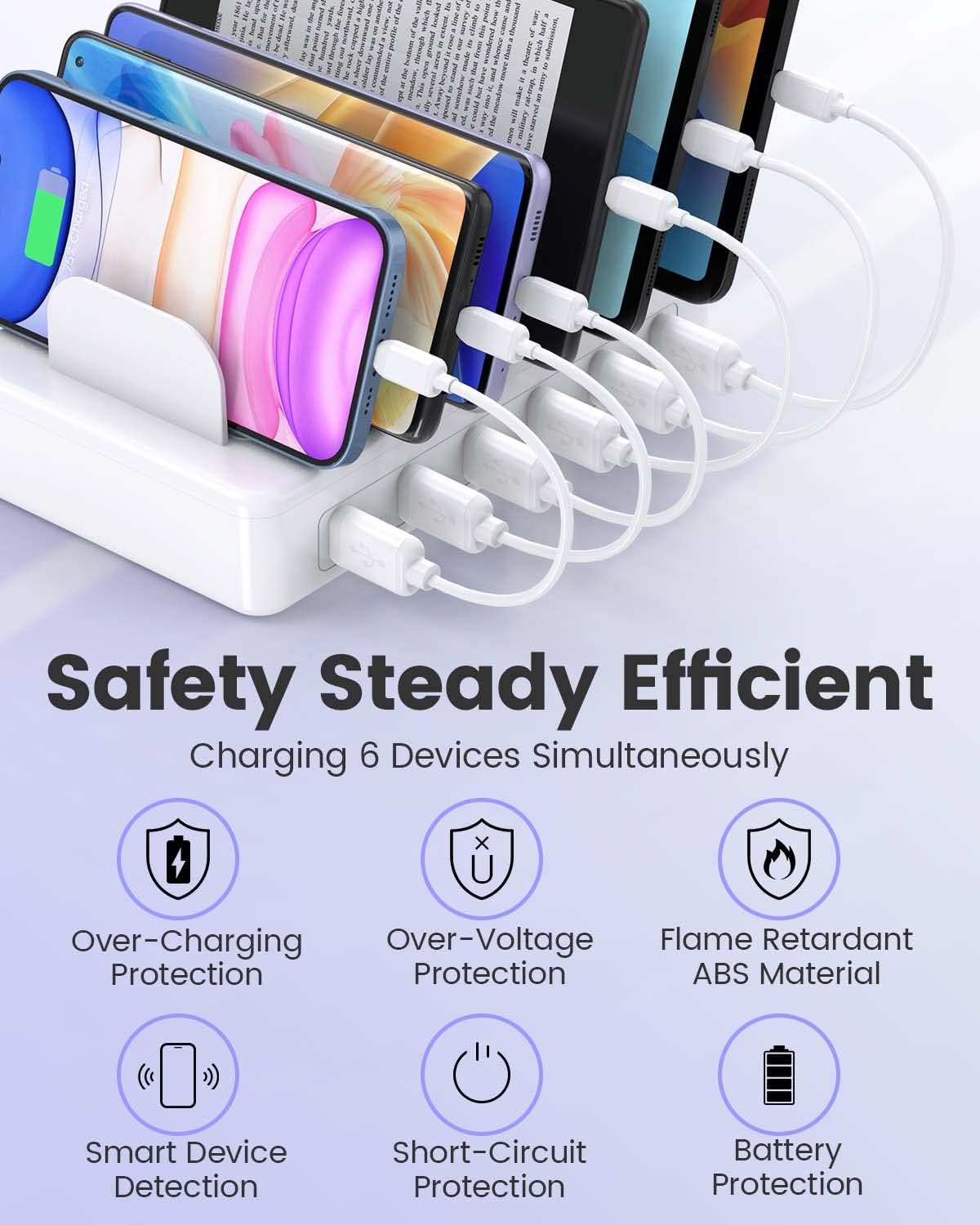 50W 6 Ports Multi Charger Station, USB Charging Dock for Multiple Devices