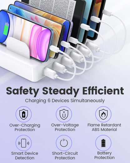 50W 6 Ports Multi Charger Station, USB Charging Dock for Multiple Devices