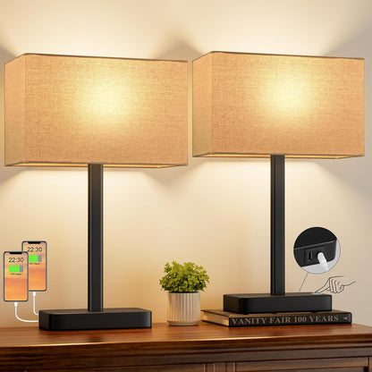 Hong-in Touch Lamps for Bedroom - 3-Way Dimmable Bedside Lamps Set of 2 with USB C+A, Grey Modern Table Lamp for Night Stands, Desk Lamp for Living Room Nightstand End Tables Bed Side