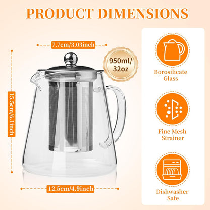 Glass Teapot with Stainless Steel Infuser, Borosilicate Tea Kettle, Clear Tea Maker for Loose Leaf Tea (550ML)