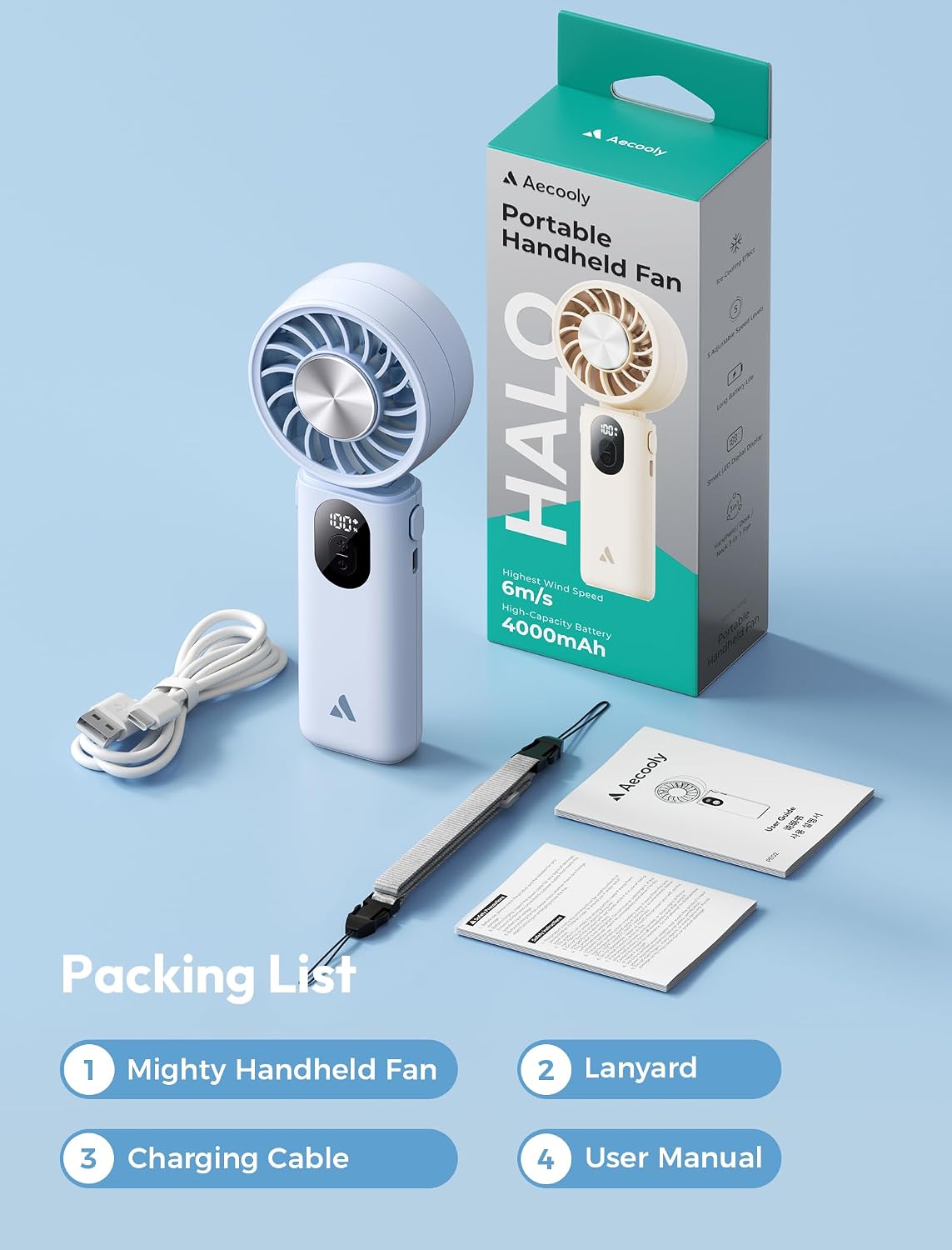 Aecooly Mighty Portable Handheld Fan | 20H Max Cooling | 3 Flexible Modes