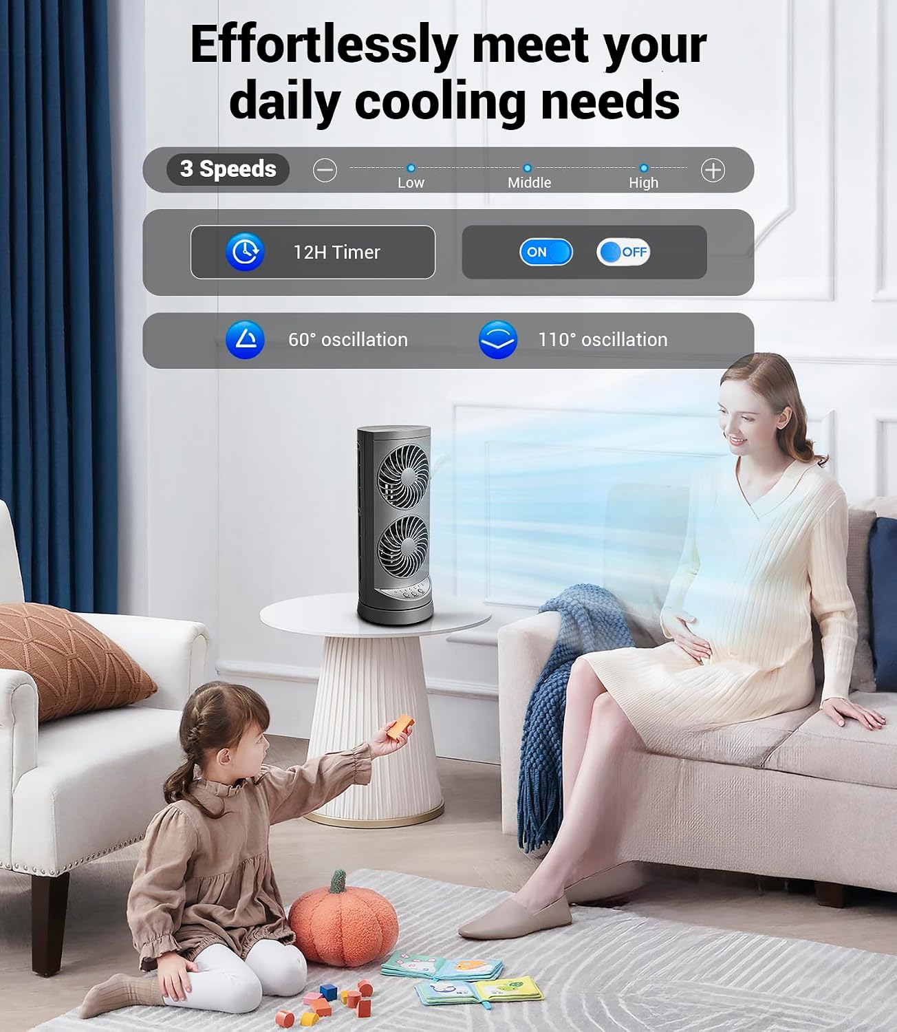 Personal Tower Cooling Fans that Blow Cold Air, Standing Small Desk Fan with 3 Speeds & Timer, 60° & 110° Oscillating Table Fan, Quiet and Safe Electric Floor Fan for Bedroom, Bedside, Home, Office